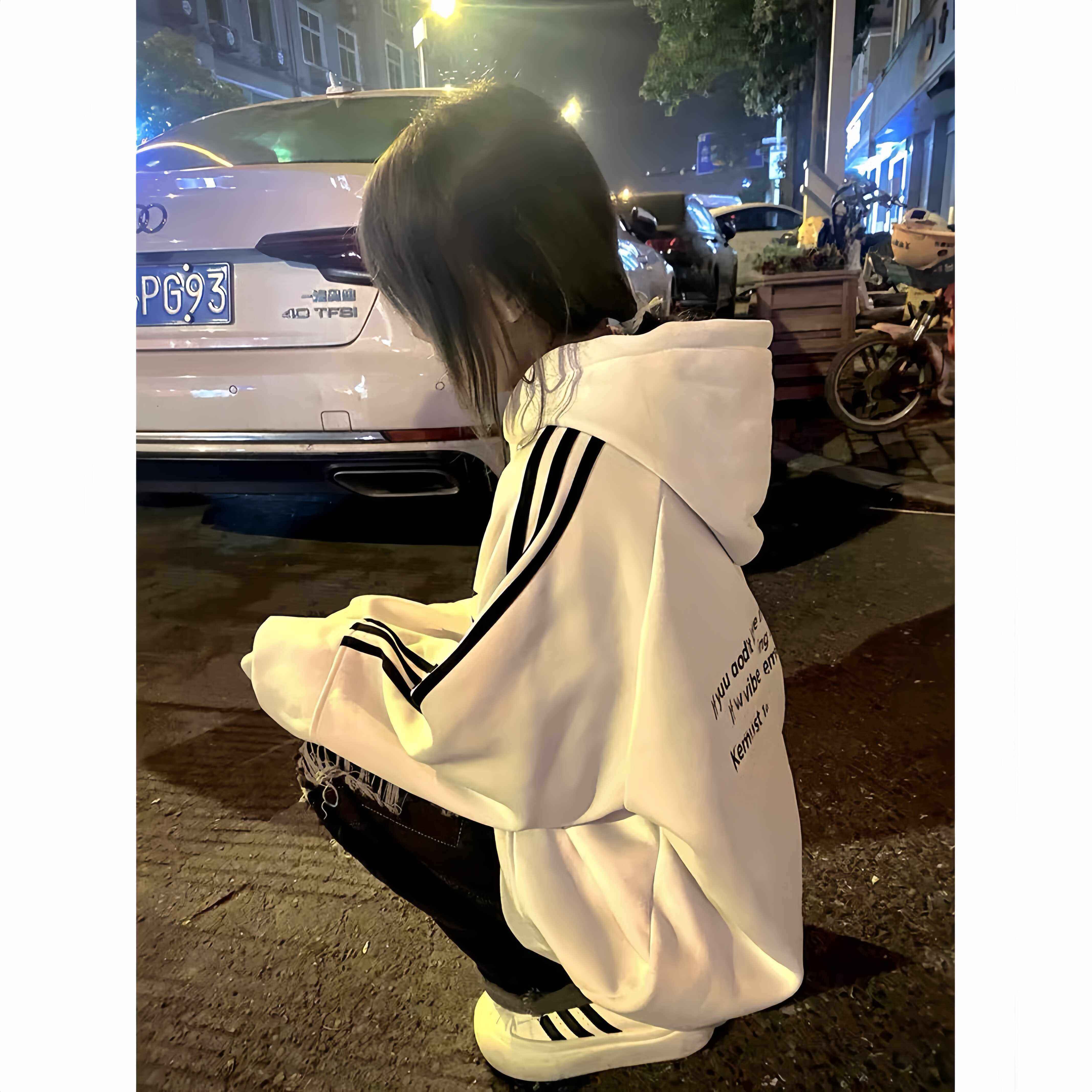 美式覆古三条杠连帽运动衫女秋冬新款初中高中学生宽松oversize外