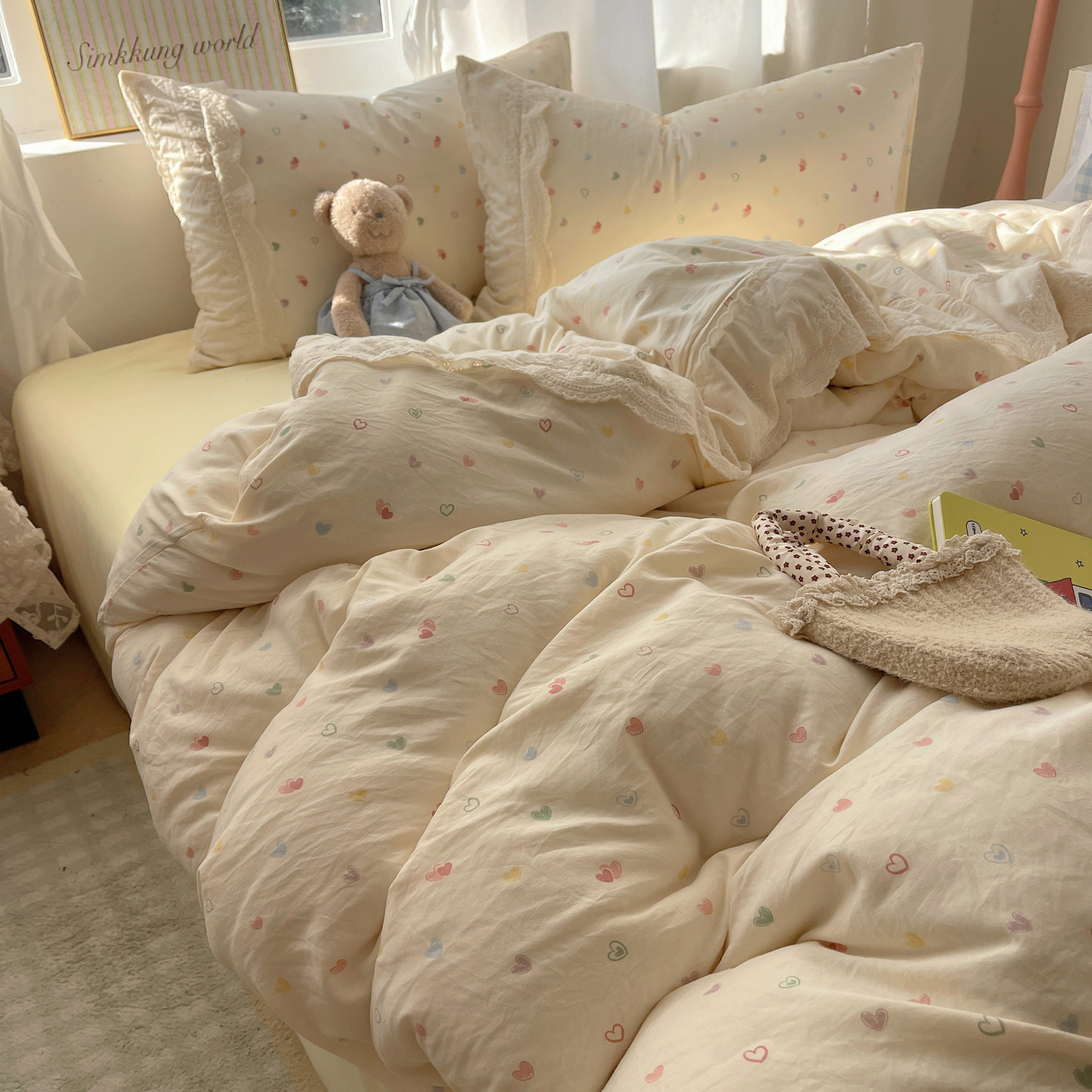 韩式蕾丝花边四件套水洗棉奶油风被套床单宿舍床上三件套非全纯棉