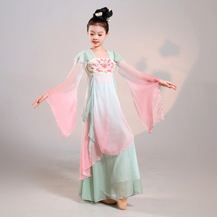 儿童中国舞蹈服飘逸齐胸汉唐纱衣女童古典舞扇子舞演出服装大摆裙