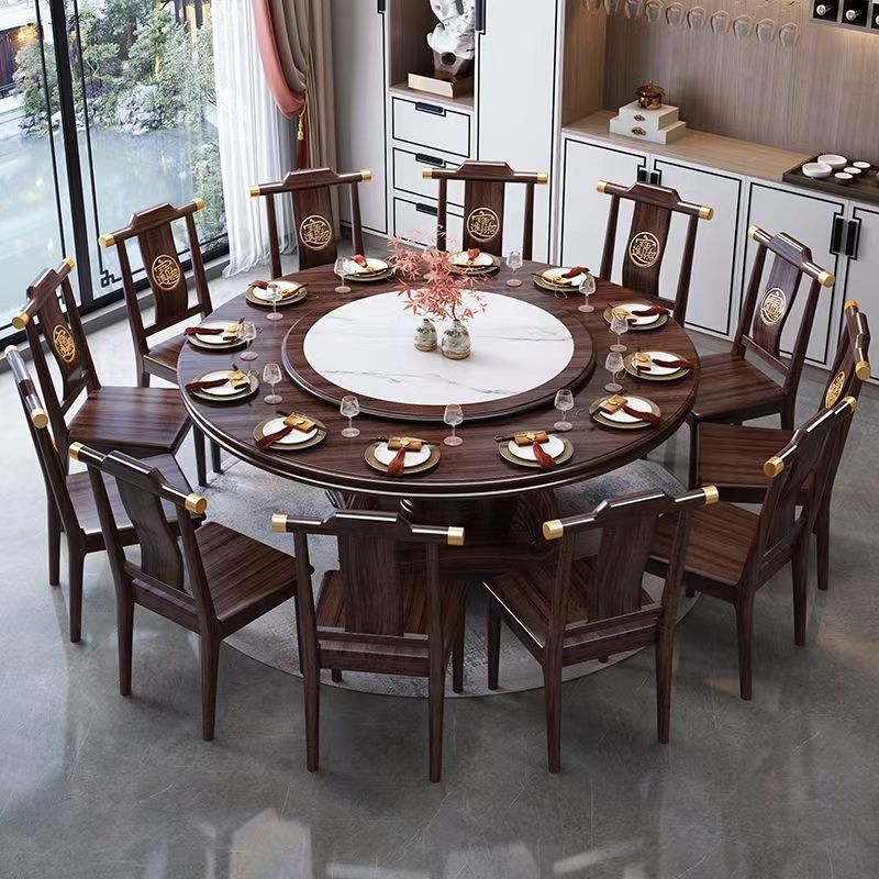 新中式全实木岩板餐桌椅组合套乌金色大圆桌网红餐桌转盘圆形饭桌