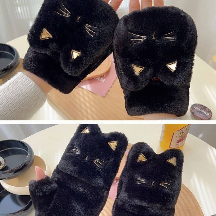 毛绒手套冬天防寒保暖翻盖半指