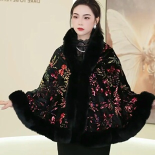 时尚保暖毛领新款加绒加厚披肩亮片毛领外套洋气斗篷百搭外披肩