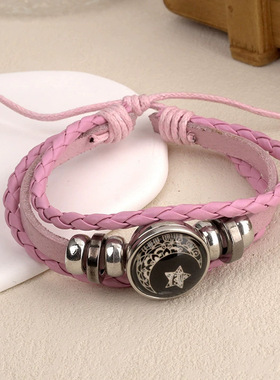 夜光日月恋人时光宝石手链男女通用复古手工多层串珠编织皮革手链