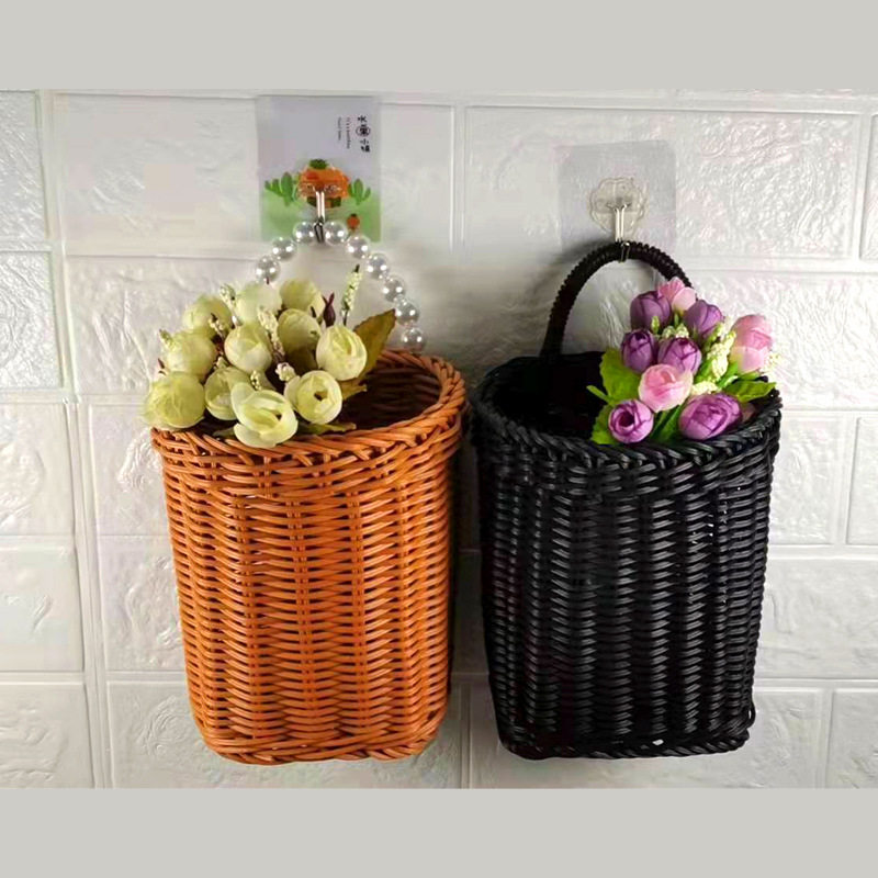 仿藤编织篮北欧厨房姜蒜收纳筐复古壁挂篮手提小花篮厨具挂篮