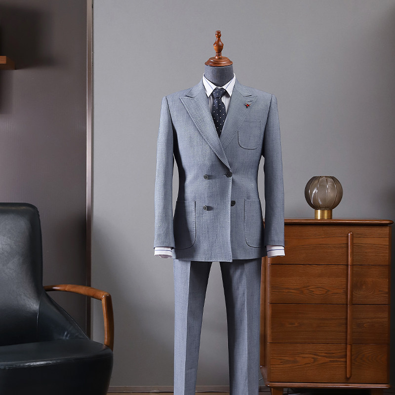 THEMASEE男装|蓝色免烫西装男套装双排扣商务正装职业英伦风修身