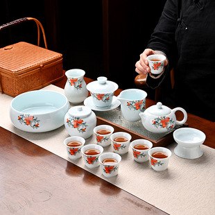 日本品质羊脂玉影青功夫茶具家用客厅办公室三才盖碗茶壶轻奢套装