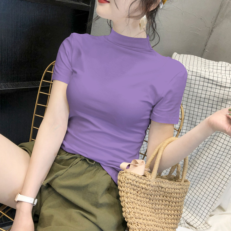 纯棉半高领短袖T恤女2025夏季新款香芋紫色修身半袖气质显瘦上衣