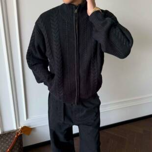 TZG 黑色加厚粗线半高领拉链毛衣外套男老钱风慵懒感针织开衫秋冬