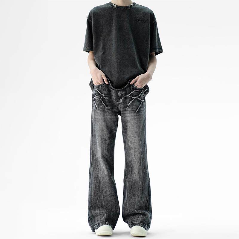 小柯XCOK美式高街闪电纹水洗黑色牛仔裤男直筒微喇裤cleanfit长裤