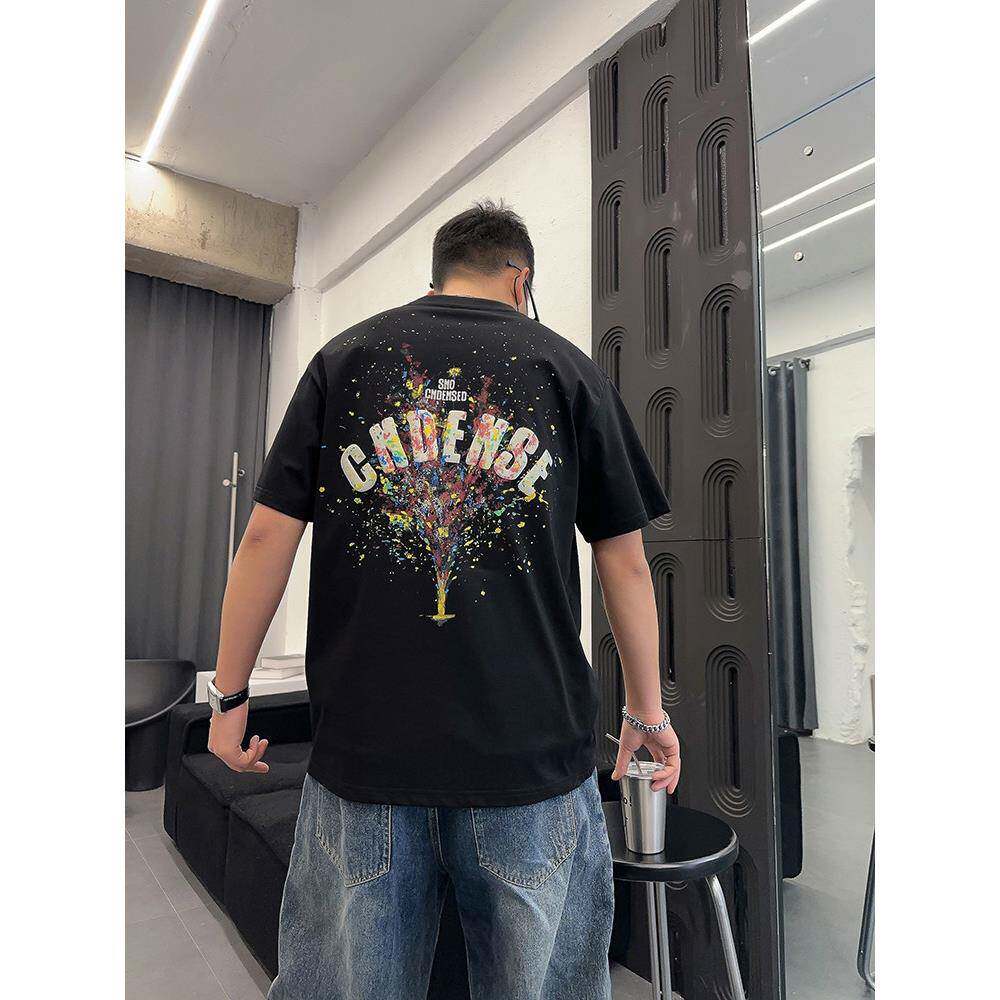 春款后背漆点字母印花短袖t恤衫男士圆领新款休闲痞帅半袖打底衫