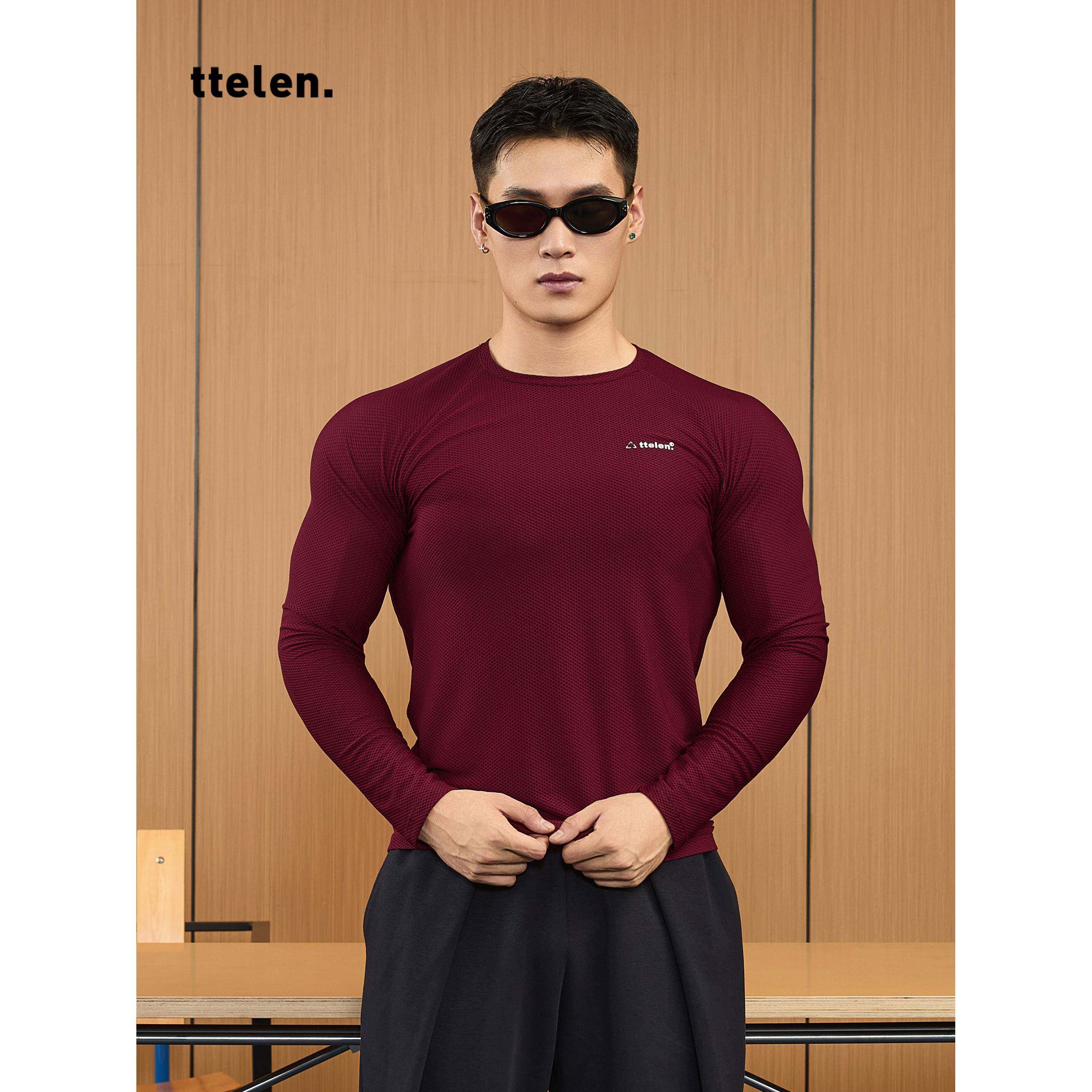 ttelen.高弹网眼透气蜂窝面料运动t恤长袖紧身训练健身衣服男秋季