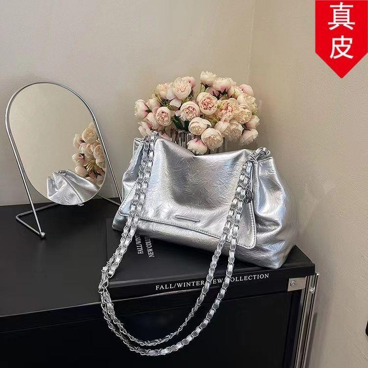 大容量新款女链条高级包百搭包托特包包包斜挎包银色单肩真皮高端