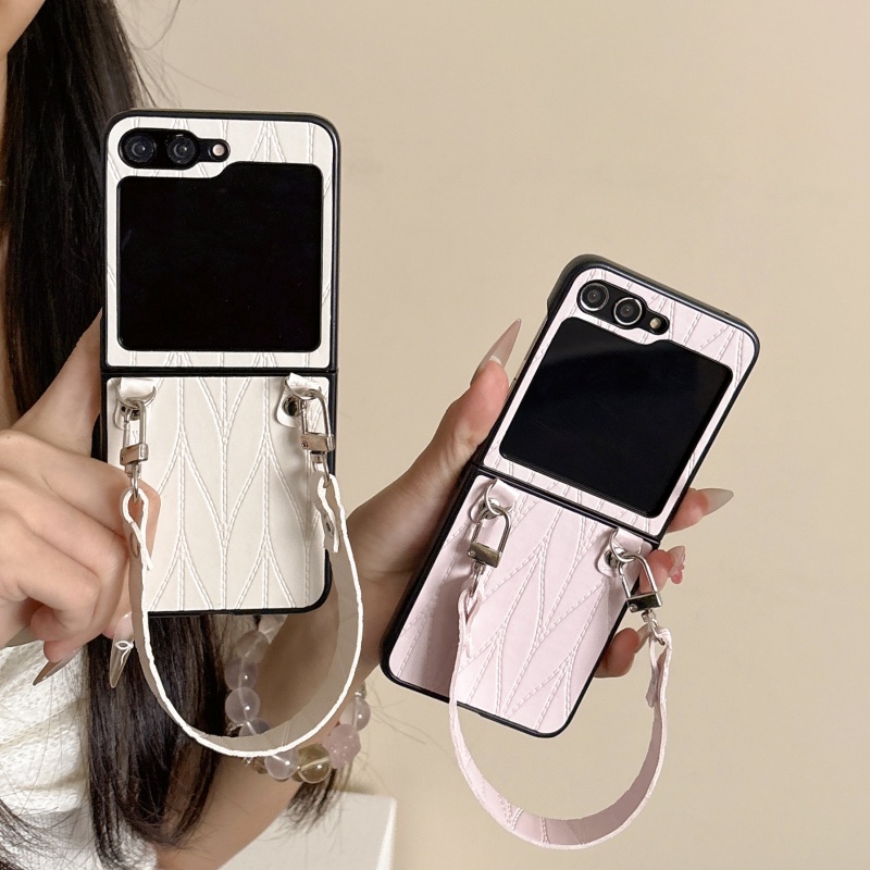 适用于三星ZFlip6手机壳折叠屏保护套高级感新款zflip5郁金香花纹手链女zflip4/3手提绳高档全包防摔套皮质壳