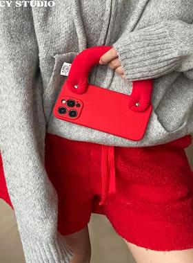 红色充棉手腕带适用华为Pura70手机壳Mate70Pro全包nova13/12手拎P60防摔mate60防丢p50荣耀300软壳100女200