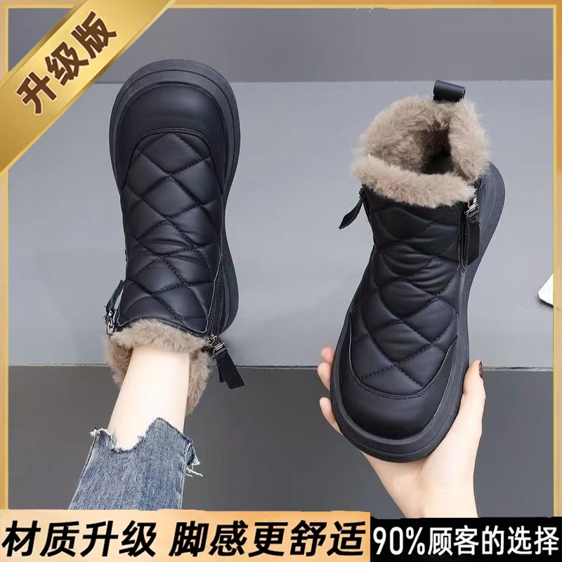 皮面平底雪地靴女2025新款冬季加绒加厚保暖东北棉鞋防水防滑短靴