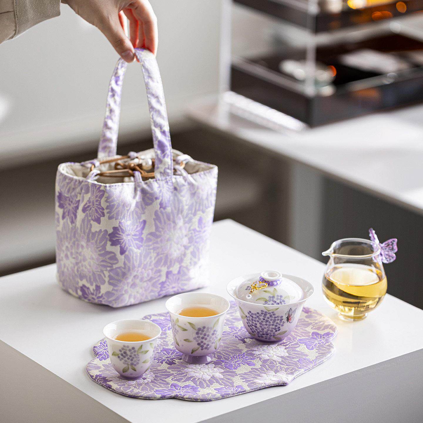 手绘绣球花旅行茶具小套装便携式户外露营女士一人饮泡茶壶快客杯