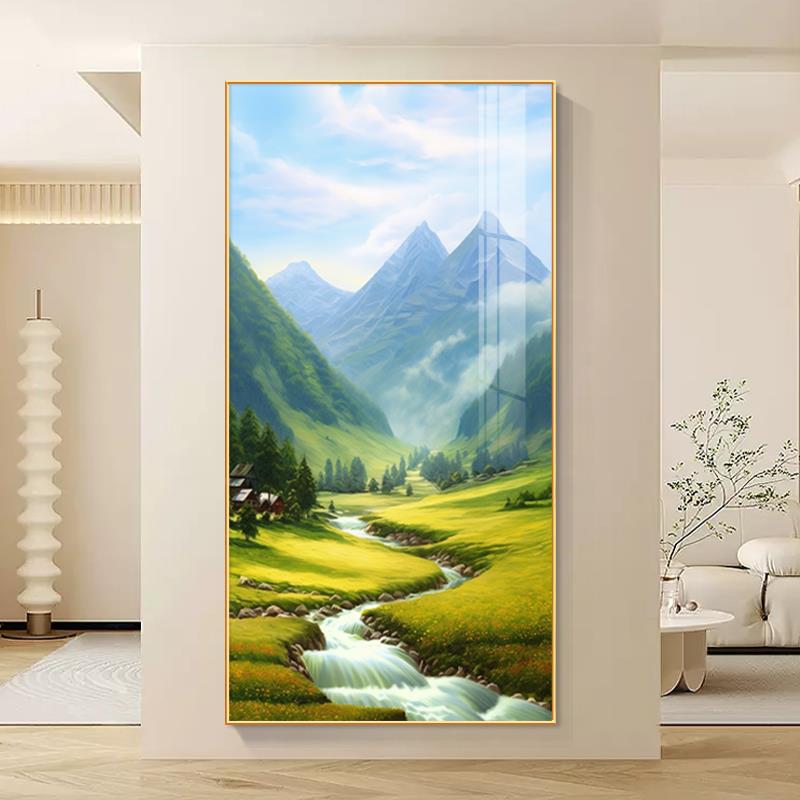 青山绿水挂画正对门玄关装饰画流水生财山水画走廊过道高级感壁画