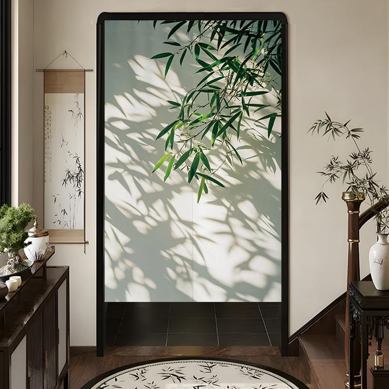 新中式网红光影竹子入户玄关门帘卧室家用免打孔化妆室隔板帘布帘