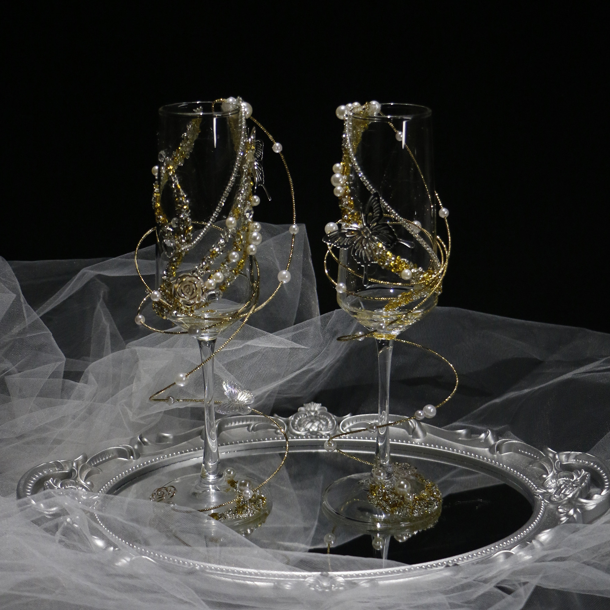 金色敬酒杯创意香槟杯碎钻珍珠婚礼酒杯新婚礼物送闺蜜diy材料包