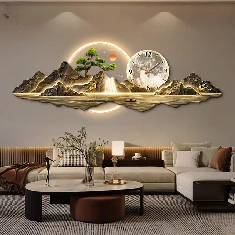 LED灯客厅钟表挂钟2025新款山水画 画装饰画 画轻奢壁灯沙发背景
