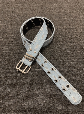 afaaa原创中古vintage破坏牛仔流苏腰带做旧小众设计感蓝黑色皮带