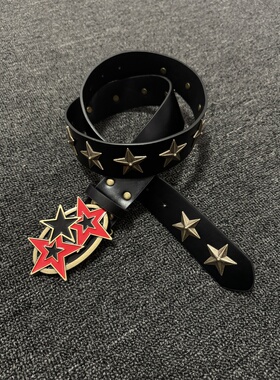 afaaa中古铆钉古铜星星皮带 Vintage黑红撞色y2k复古腰带小众百搭