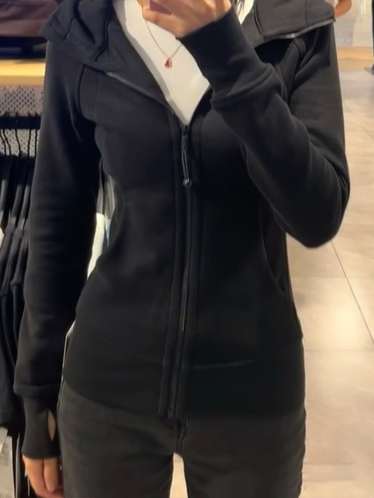 潮牌休闲卫衣外套女2025春秋新款修身运动短款连帽紧身瑜伽上衣