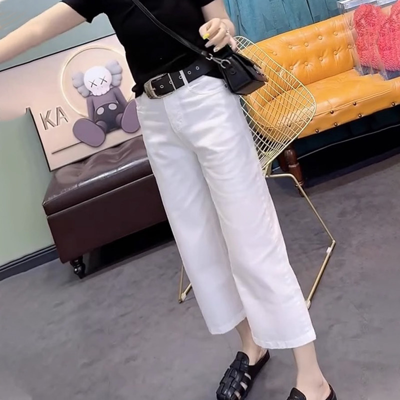 潮牌牛仔裤女夏季薄款大码高腰胖mm宽松显瘦小个子直筒九分阔腿裤