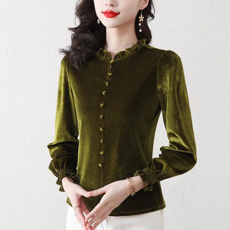 潮牌加厚金丝绒打底衫女款秋冬季加绒衬衫妈妈小衫遮肚子洋气上衣