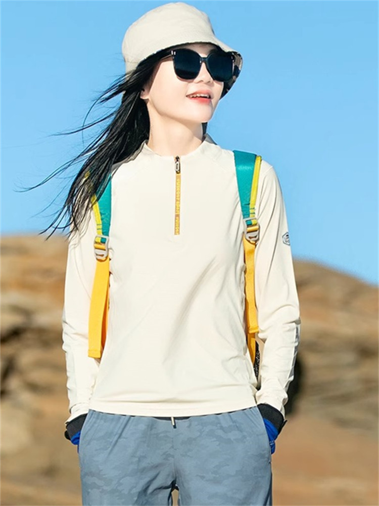 时尚品牌户外速干t恤长袖女士吸湿排汗透气薄运动立领防晒速干衣