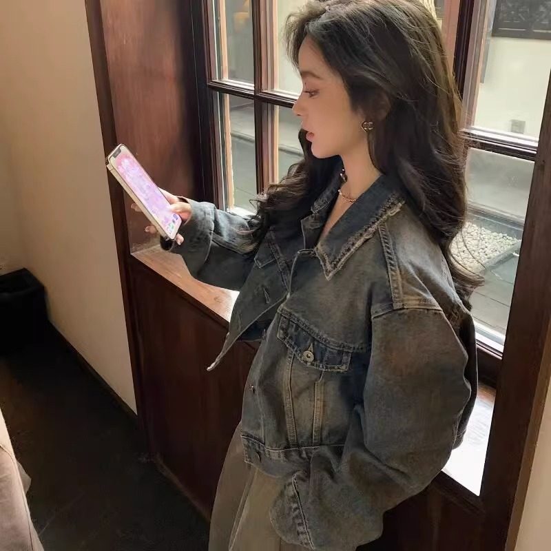 潮牌美式复古牛仔外套女春秋季宽松高级感小个子休闲短款夹克上衣