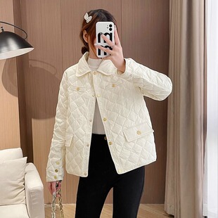 潮牌小香风轻薄短款羽绒服女秋冬季新款翻领小个子白鸭绒菱格外套