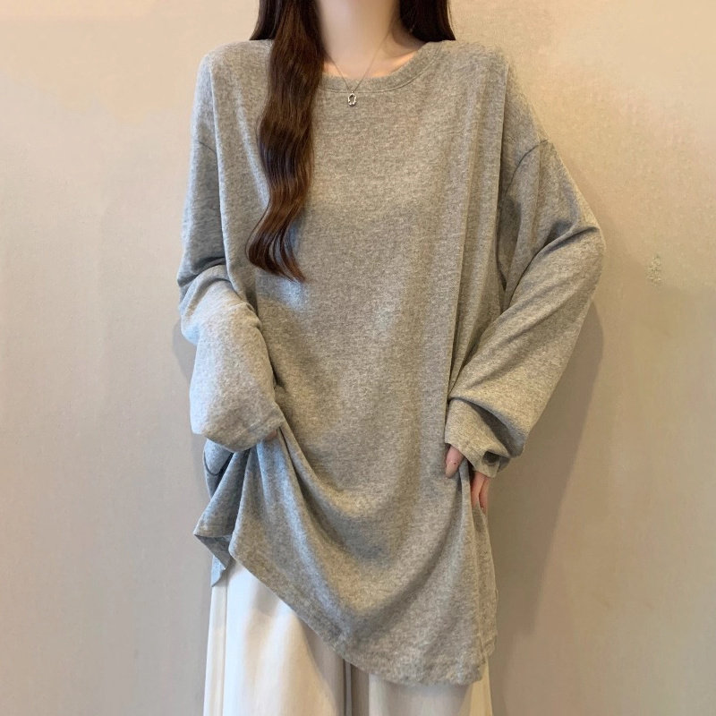 潮牌慵懒风正肩长袖T恤女2025秋季大码胖mm宽松中长款遮屁股上衣