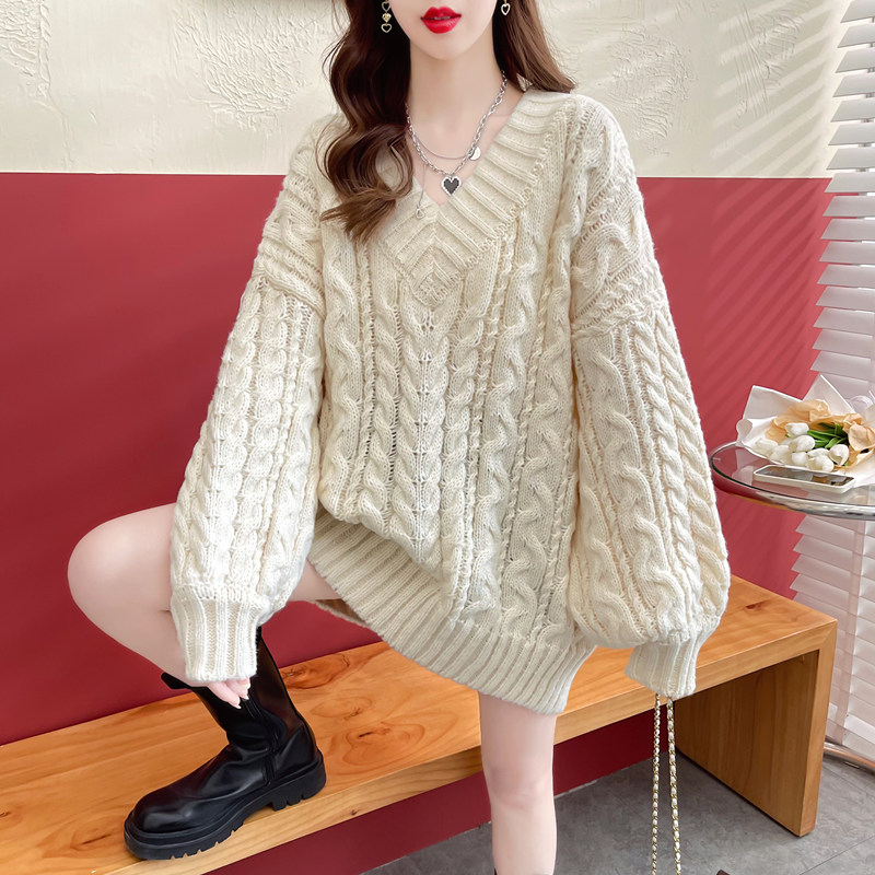 潮牌毛衣女V领高级感粗线加厚2025秋冬季洋气宽松外穿慵懒风上衣
