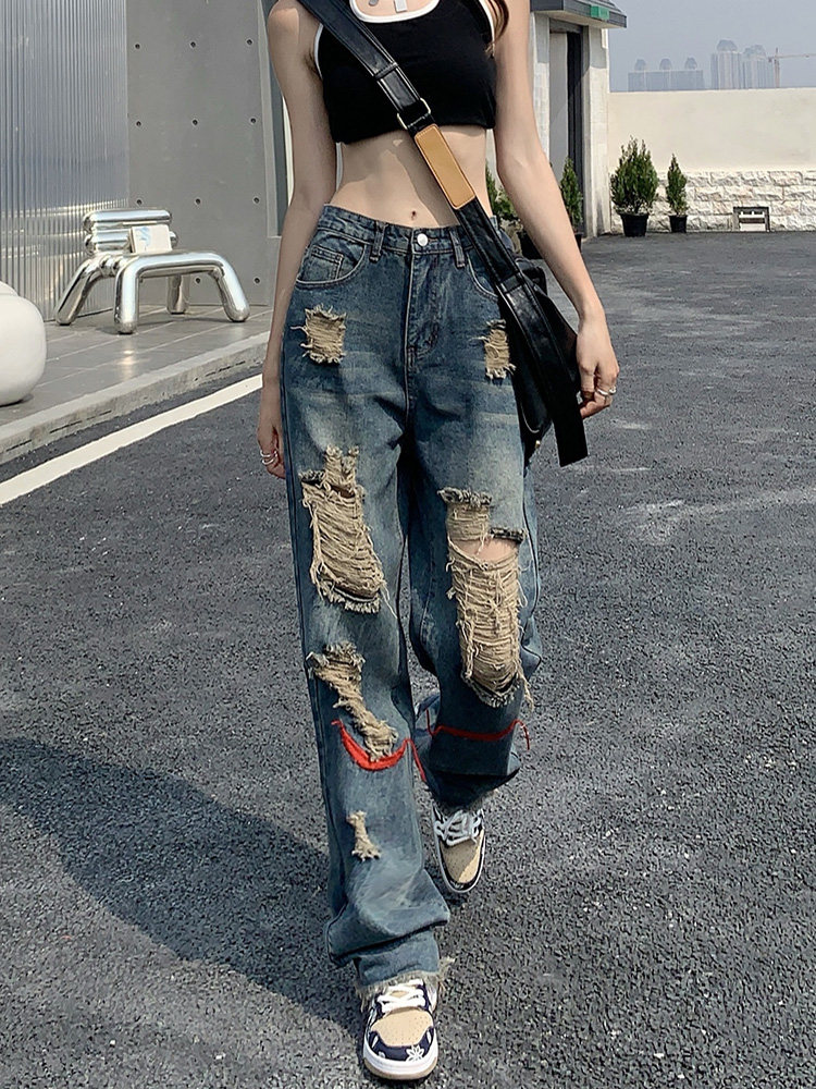 潮牌破洞牛仔裤女夏季薄款个性高腰宽松阔腿直筒高街设计感乞丐裤