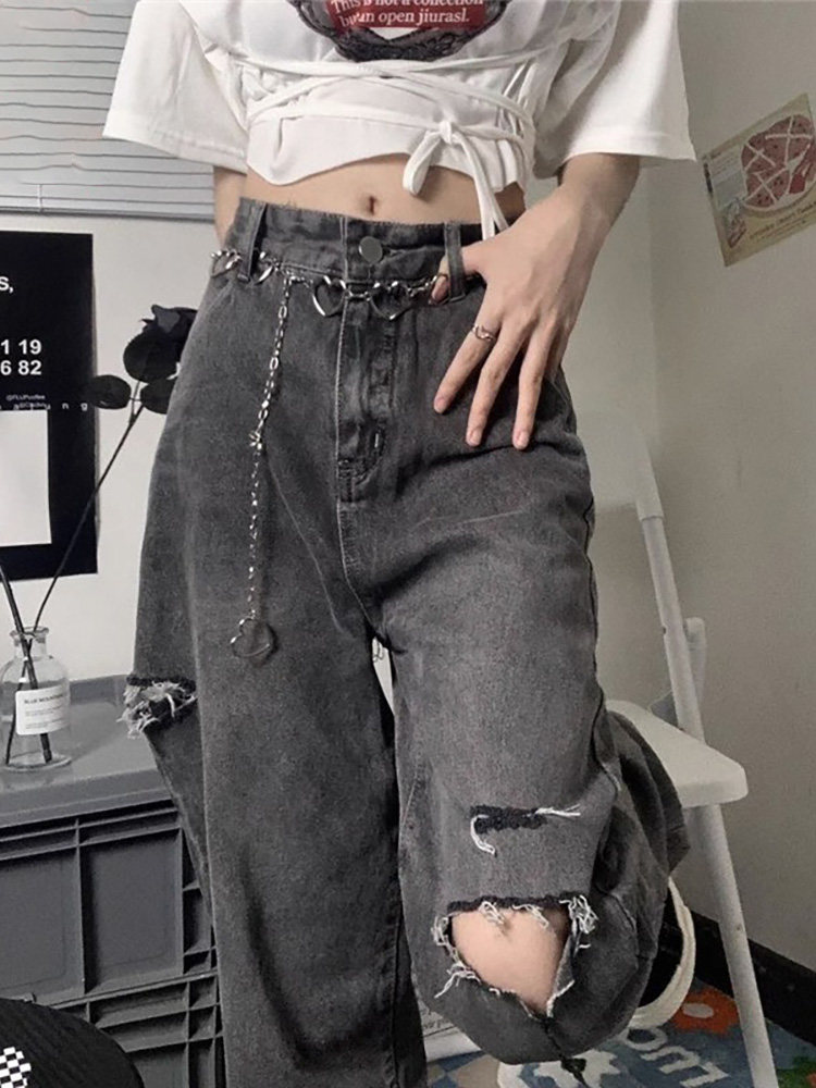 潮牌直筒破洞牛仔裤女2025新款夏季宽松高腰显瘦小个子薄款阔腿裤