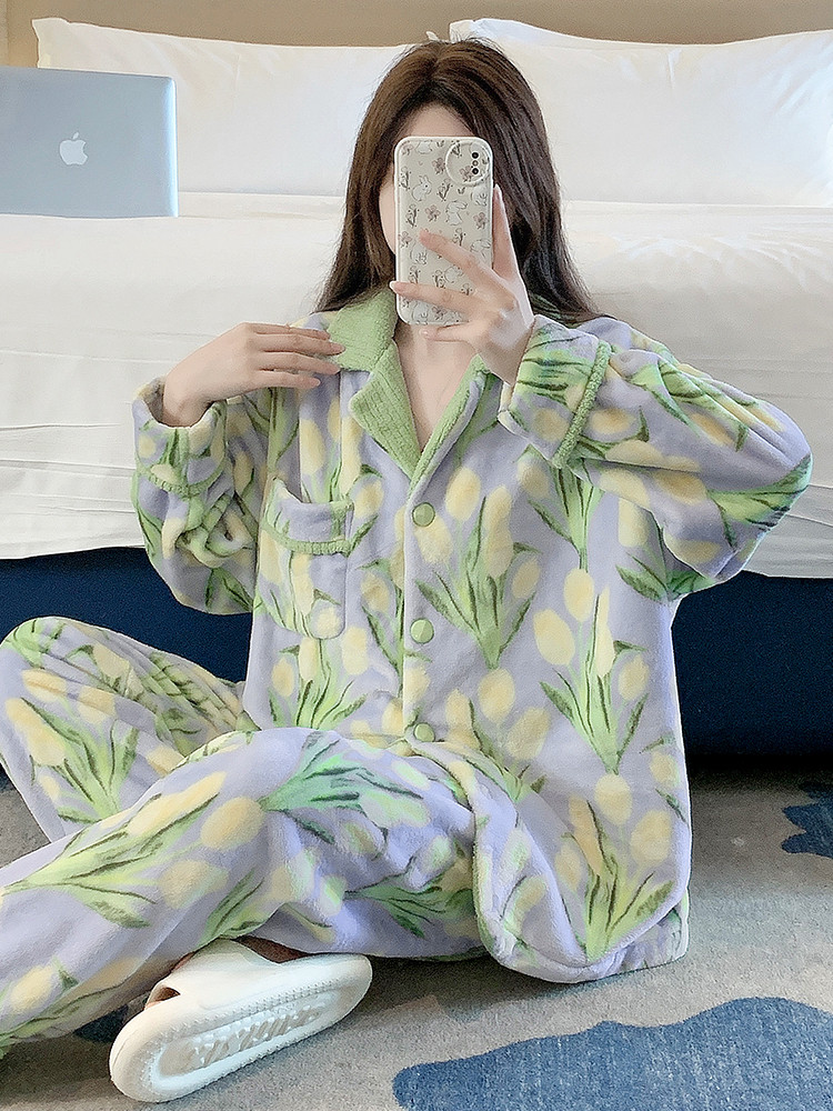 潮牌珊瑚绒睡衣女款秋冬季加厚加大码胖mm法兰绒可外穿家居服套装