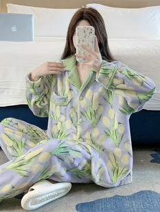 潮牌珊瑚绒睡衣女款秋冬季加厚加大码胖mm法兰绒可外穿家居服套装