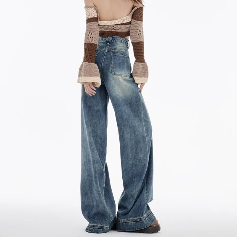 潮牌秋冬季美式高街阔腿软牛仔裤女高个子加长高腰垂感宽松拖地裤