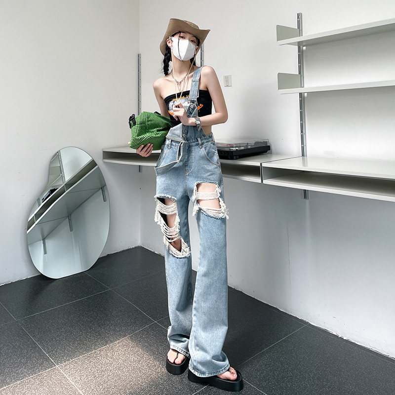 潮牌破洞牛仔抱婴袋裤女夏季薄款2025年高腰显瘦小个子阔腿直筒长