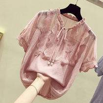 含里衬雪纺衫女短袖2019新款夏装韩版洋气木耳边衬衣蕾丝上衣