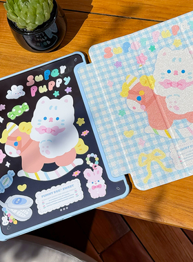 半熟玉子商店木马猫咪新款苹果ipad保护套Pro平板亚克力适用于mini7/air6带笔槽保护壳 蓝色格子少女风清爽