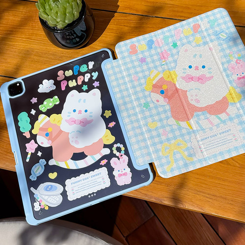 半熟玉子商店木马猫咪新款苹果ipad保护套Pro平板亚克力适用于mini7/air6带笔槽保护壳 蓝色格子少女风清爽