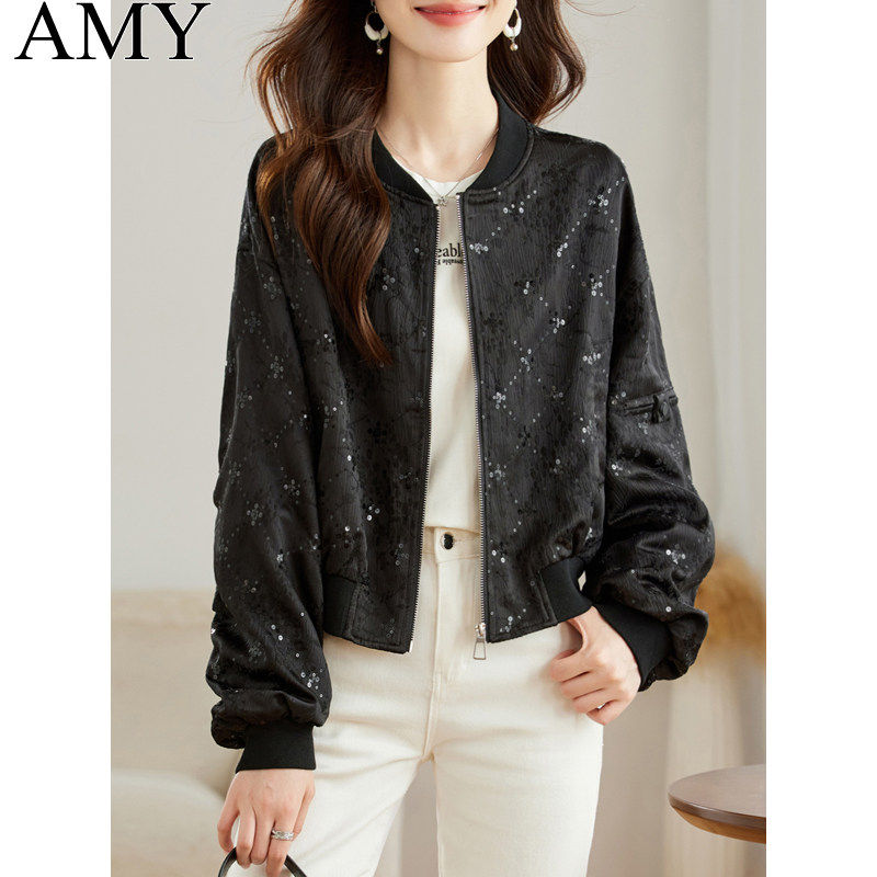 2025秋装新款高级感亮片黑色棒球服夹克上衣休闲时髦长袖短外套女