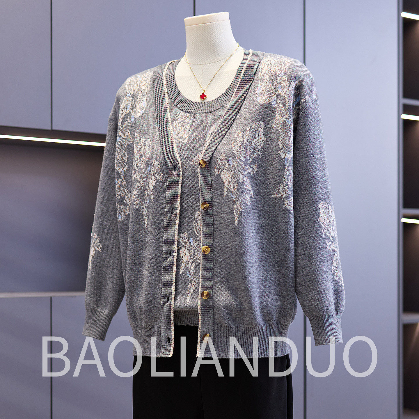 中年妈妈春装针织两件套洋气提花开衫中老年女装春秋气质上衣套装