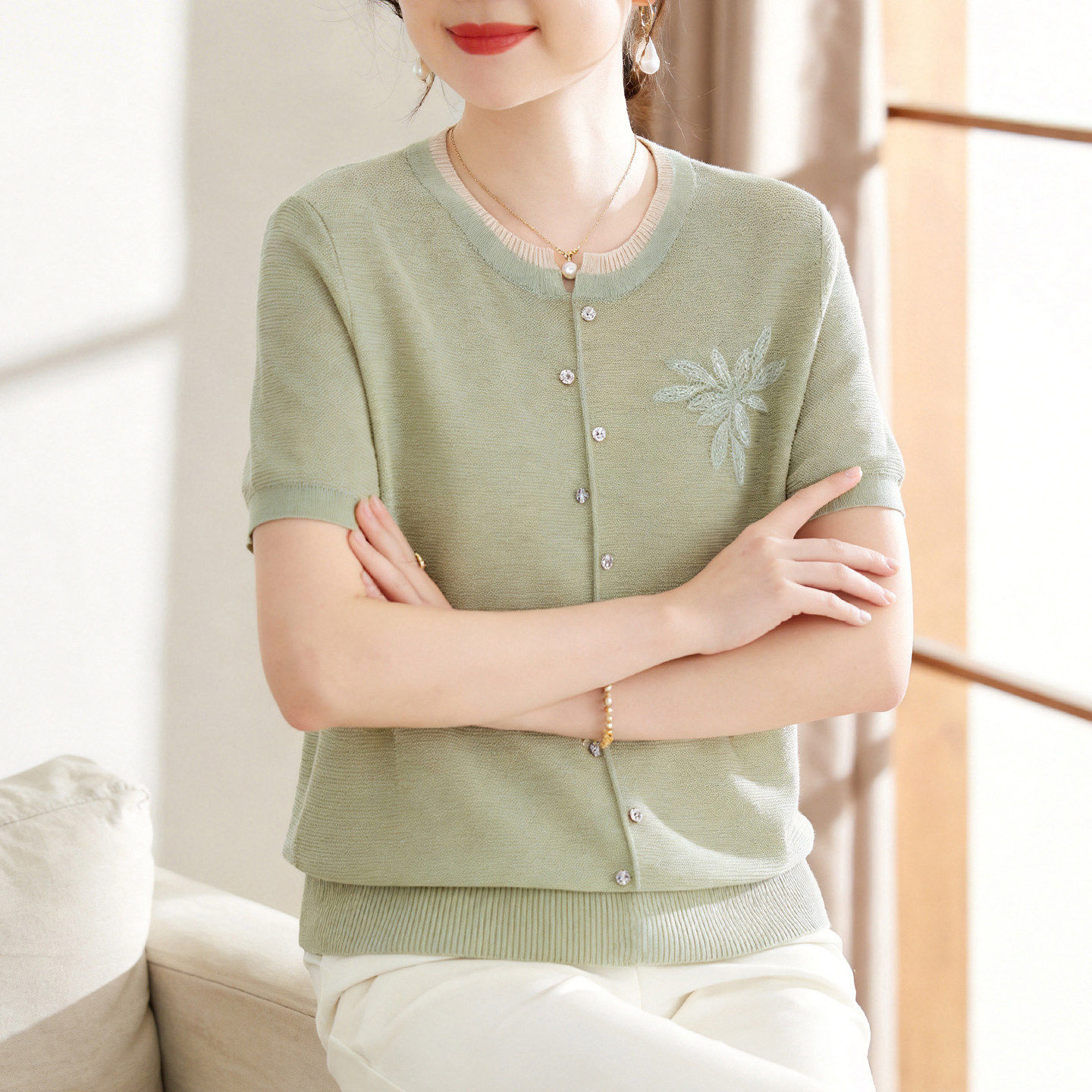 喜卉中老年人女装妈妈夏装针织衫T恤洋派夏季短袖冰丝上衣服薄款