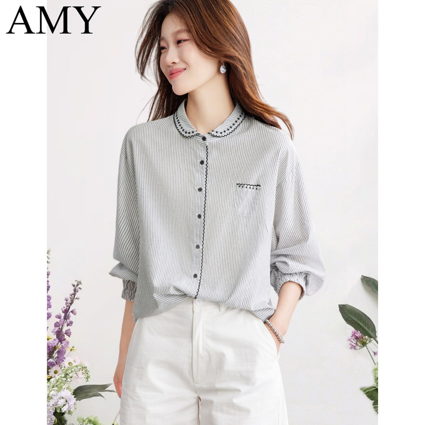 2026新款小个子减龄娃娃领条纹纯棉衬衫春装文艺刺绣别致上衣女装