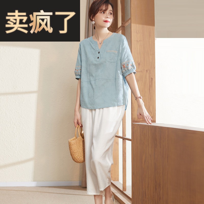 喜卉中年女士夏装妈妈棉麻套装洋气中老年夏季短袖T恤上衣两件套