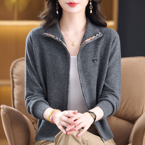 翻领100%羊毛开衫女秋冬