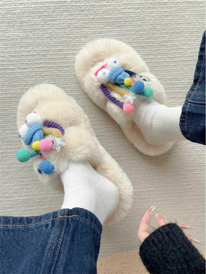 网红超火奶fufu毛毛拖鞋女外穿2024秋季新款可爱卡通加绒保暖棉拖